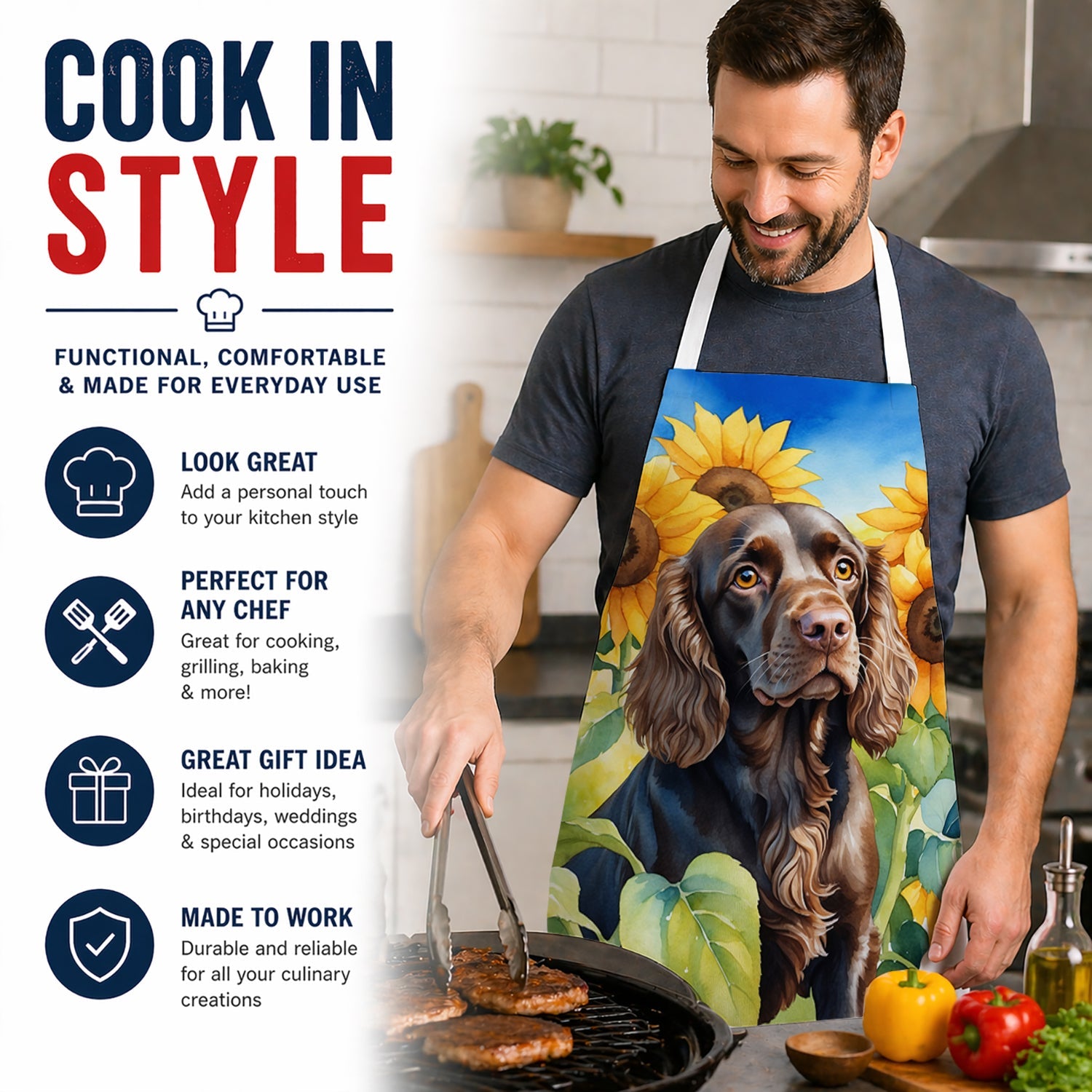 Boykin Spaniel in Sunflowers Apron Cooking Kitchen Server Baking Crafts Gardening for Adult Women Men, Unisex, Large, Multicolor