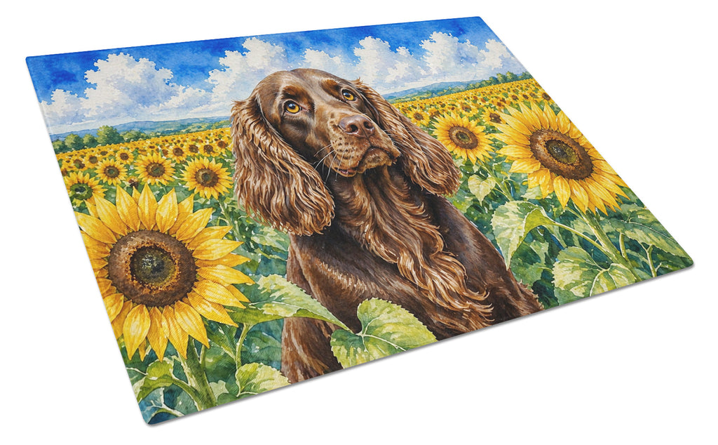 Boykin Spaniel in Sunflowers Cutting Board Tempered Glass Kitchen Cutting Surface, Heat Resistant Chopping Board with Non-Slip Feet, Decorative Food Prep & Serving