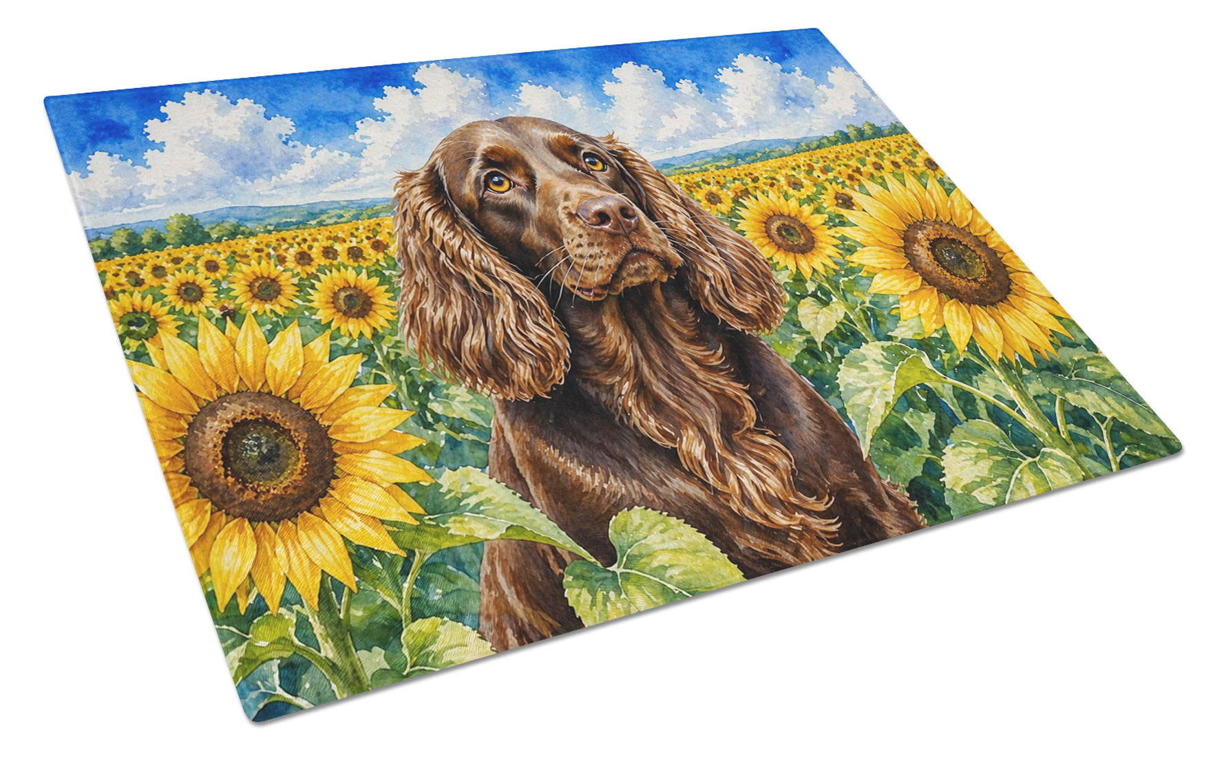 Boykin Spaniel in Sunflowers Cutting Board Tempered Glass Kitchen Cutting Surface, Heat Resistant Chopping Board with Non-Slip Feet, Decorative Food Prep & Serving