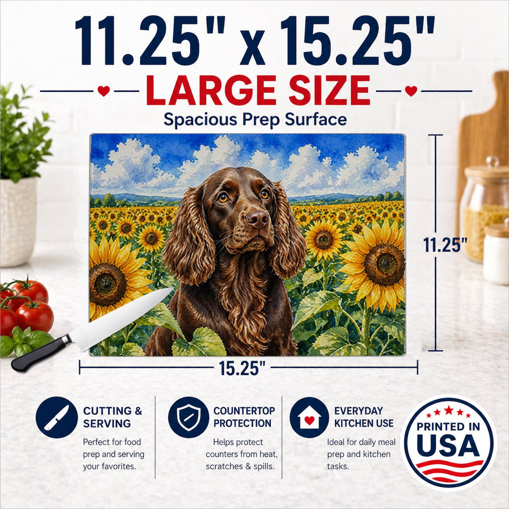 Boykin Spaniel in Sunflowers Cutting Board Tempered Glass Kitchen Cutting Surface, Heat Resistant Chopping Board with Non-Slip Feet, Decorative Food Prep & Serving