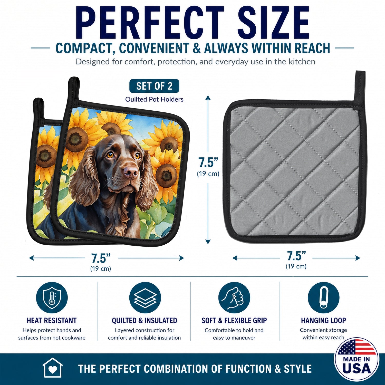 Boykin Spaniel in Sunflowers Pot Holder Set of 2 Heat Resistant Quilted Hot Pads 7.5 x 7.5 Inch, Insulated Kitchen Trivets for Cooking & Baking