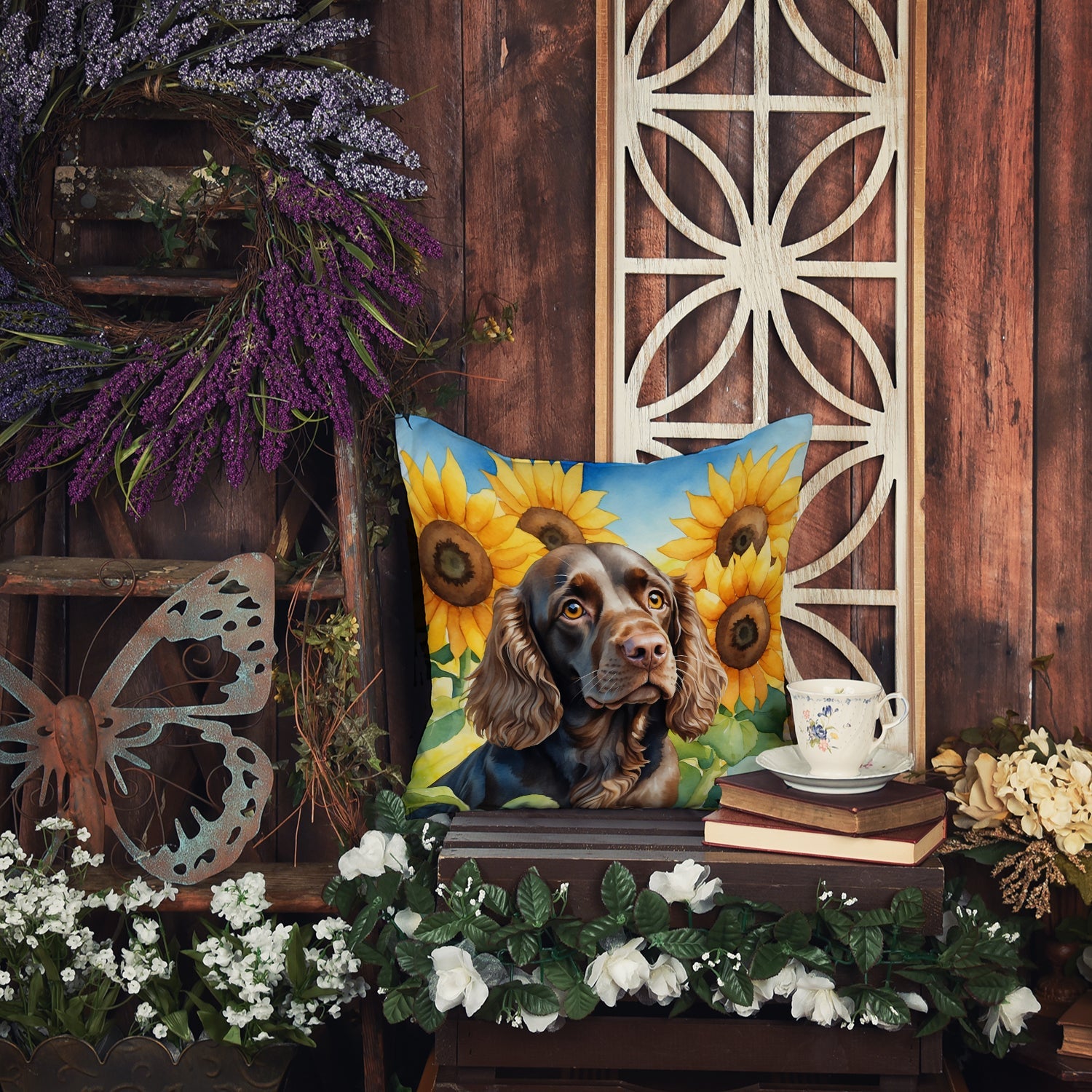 Boykin Spaniel in Sunflowers Decorative Throw Pillow 14x14 Indoor Outdoor Accent Cushion, Fabric Cover with Insert for Sofa, Bed, Porch & Living Room