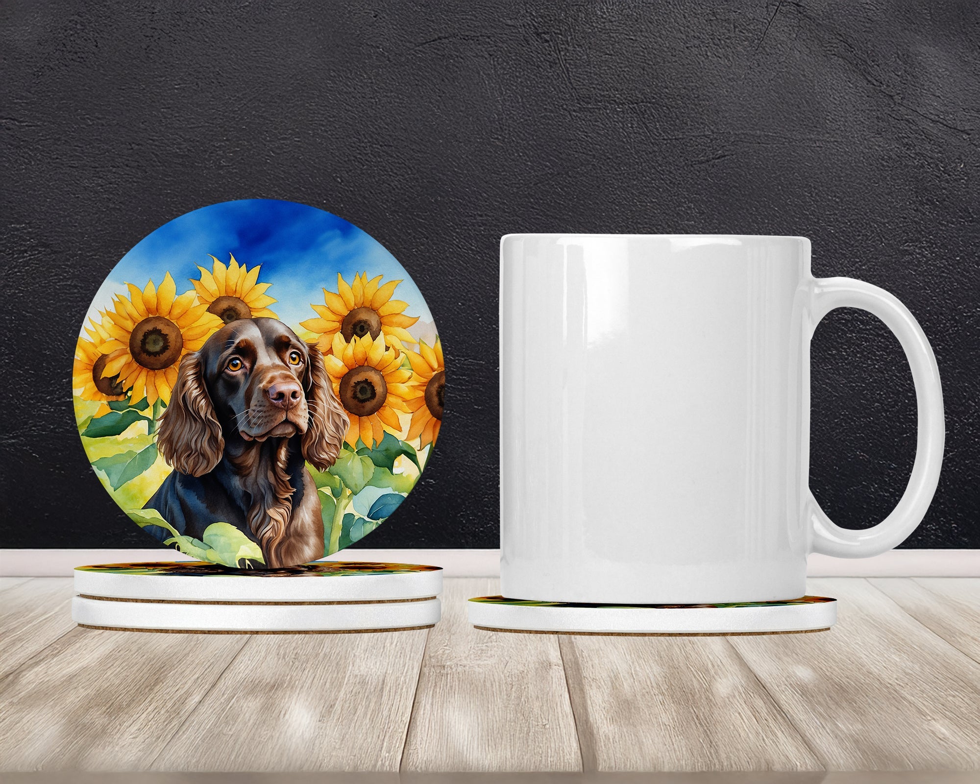 Boykin Spaniel in Sunflowers Large Sandstone Coasters Pack of 4 Absorbent Round Coasters Decor Gifts for Men or Women, 4 in, Multicolor