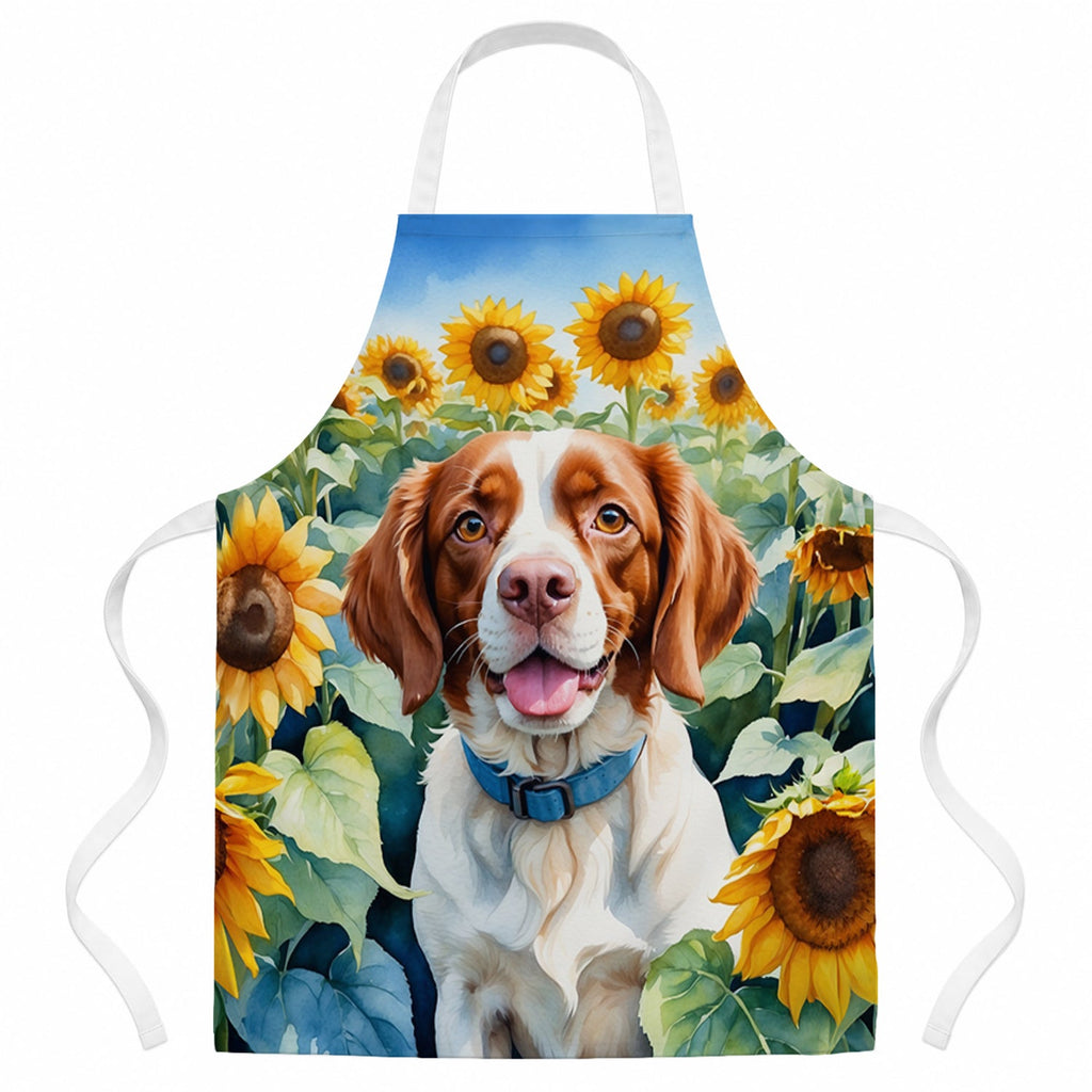 Brittany Spaniel in Sunflowers Apron Cooking Kitchen Server Baking Crafts Gardening for Adult Women Men, Unisex, Large, Multicolor