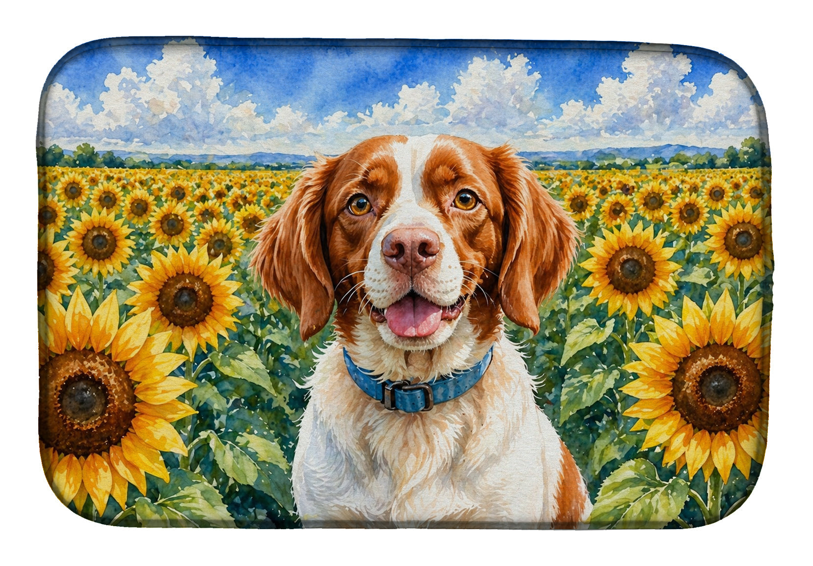 Brittany Spaniel in Sunflowers Dish Drying Mat Absorbent Dish Drying Mat Pad for Kitchen Counter Dish Drainer Mat for Countertop, 14 x 21", Multicolor