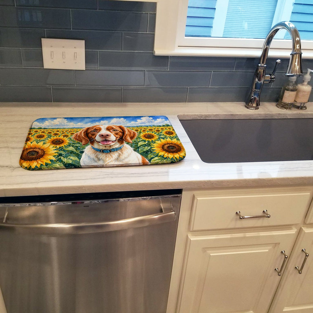Brittany Spaniel in Sunflowers Dish Drying Mat Absorbent Dish Drying Mat Pad for Kitchen Counter Dish Drainer Mat for Countertop, 14 x 21", Multicolor