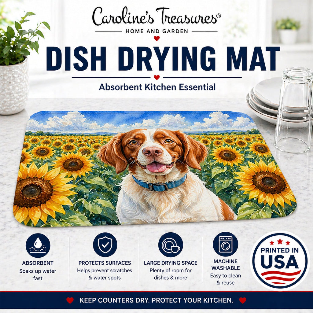 Brittany Spaniel in Sunflowers Dish Drying Mat Absorbent Dish Drying Mat Pad for Kitchen Counter Dish Drainer Mat for Countertop, 14 x 21", Multicolor