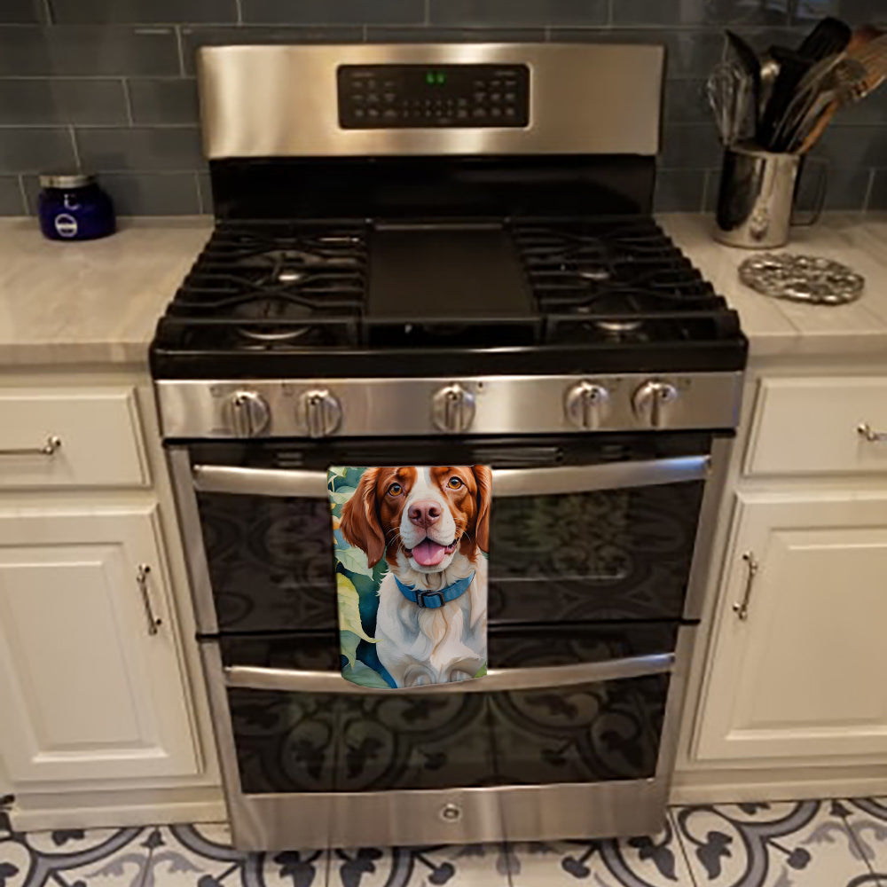 Brittany Spaniel in Sunflowers Kitchen Towel Velour Plush Front and Cotton Loop Back Machine Washable