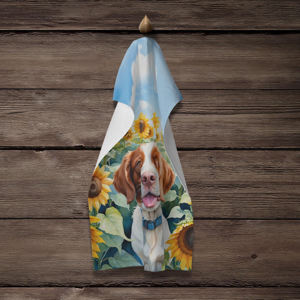 Brittany Spaniel in Sunflowers Kitchen Towel Velour Plush Front and Cotton Loop Back Machine Washable