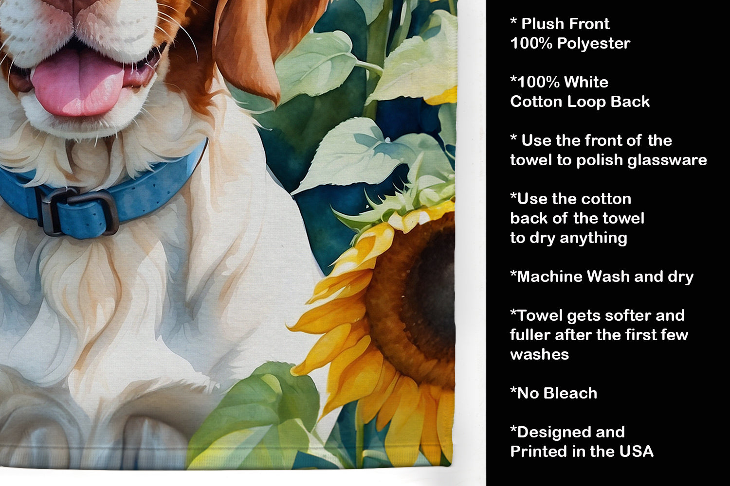 Brittany Spaniel in Sunflowers Kitchen Towel Velour Plush Front and Cotton Loop Back Machine Washable