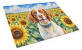 Brittany Spaniel in Sunflowers Cutting Board Tempered Glass Kitchen Cutting Surface, Heat Resistant Chopping Board with Non-Slip Feet, Decorative Food Prep & Serving