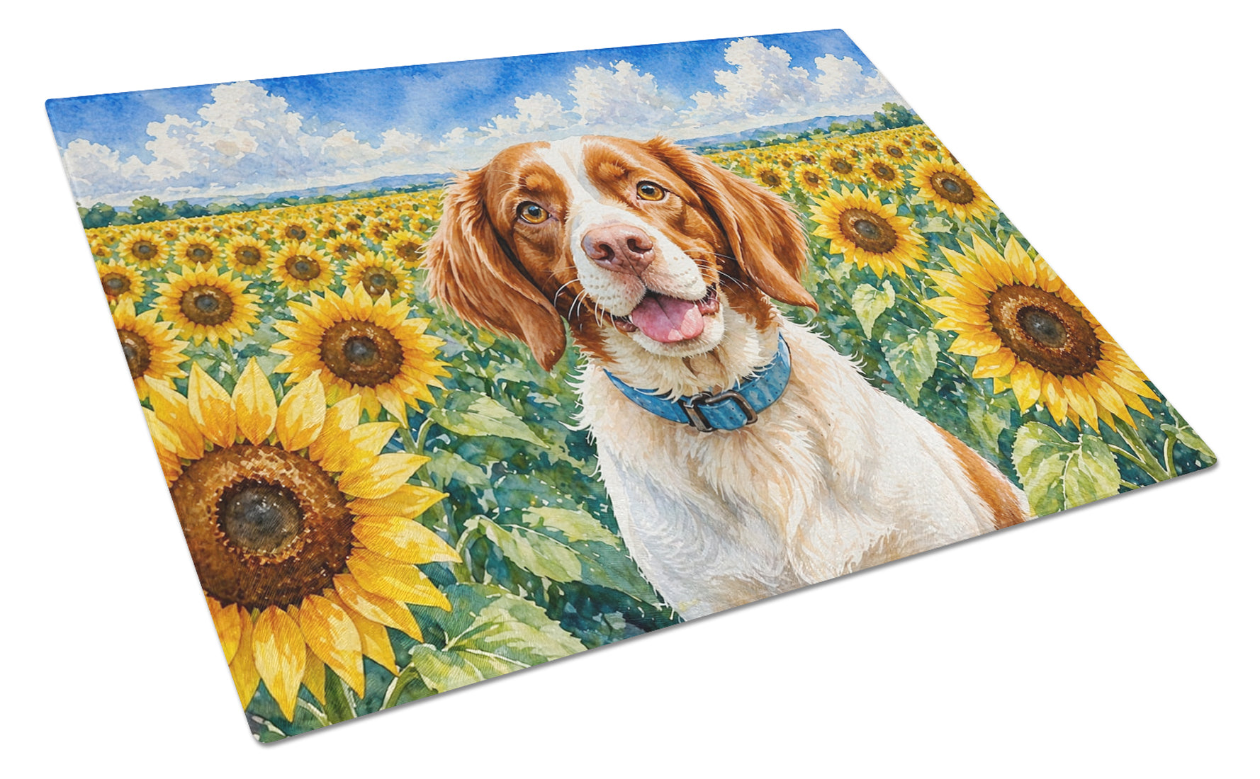 Brittany Spaniel in Sunflowers Cutting Board Tempered Glass Kitchen Cutting Surface, Heat Resistant Chopping Board with Non-Slip Feet, Decorative Food Prep & Serving
