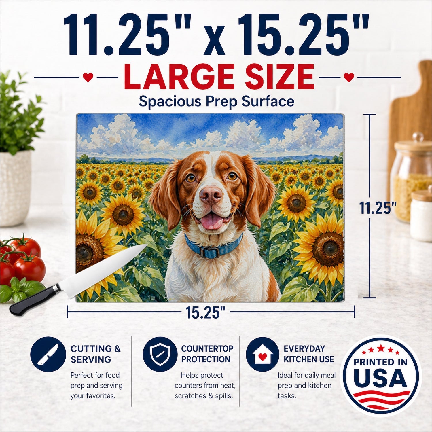 Brittany Spaniel in Sunflowers Cutting Board Tempered Glass Kitchen Cutting Surface, Heat Resistant Chopping Board with Non-Slip Feet, Decorative Food Prep & Serving
