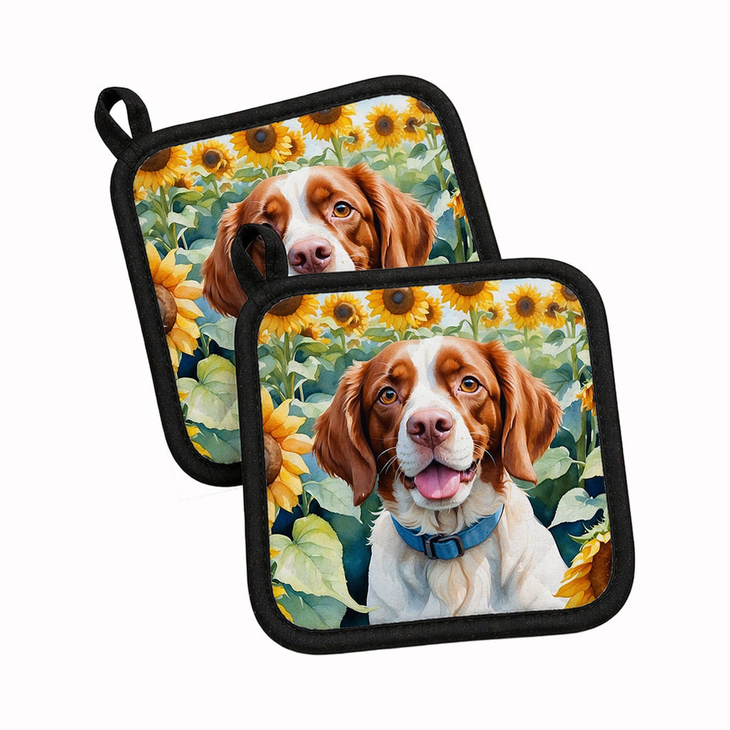 Brittany Spaniel in Sunflowers Pot Holder Set of 2 Heat Resistant Quilted Hot Pads 7.5 x 7.5 Inch, Insulated Kitchen Trivets for Cooking & Baking
