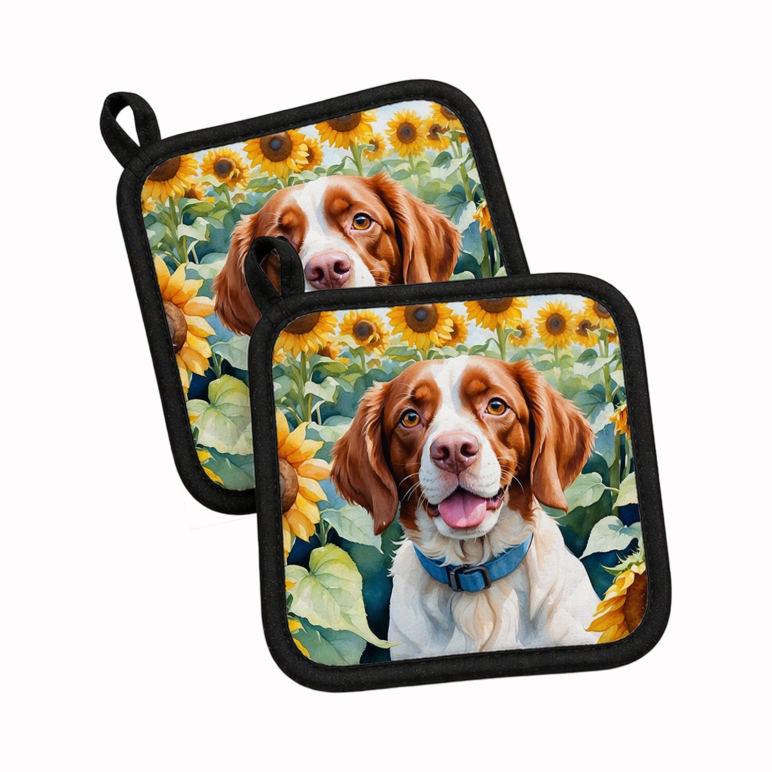 Brittany Spaniel in Sunflowers Pot Holder Set of 2 Heat Resistant Quilted Hot Pads 7.5 x 7.5 Inch, Insulated Kitchen Trivets for Cooking & Baking