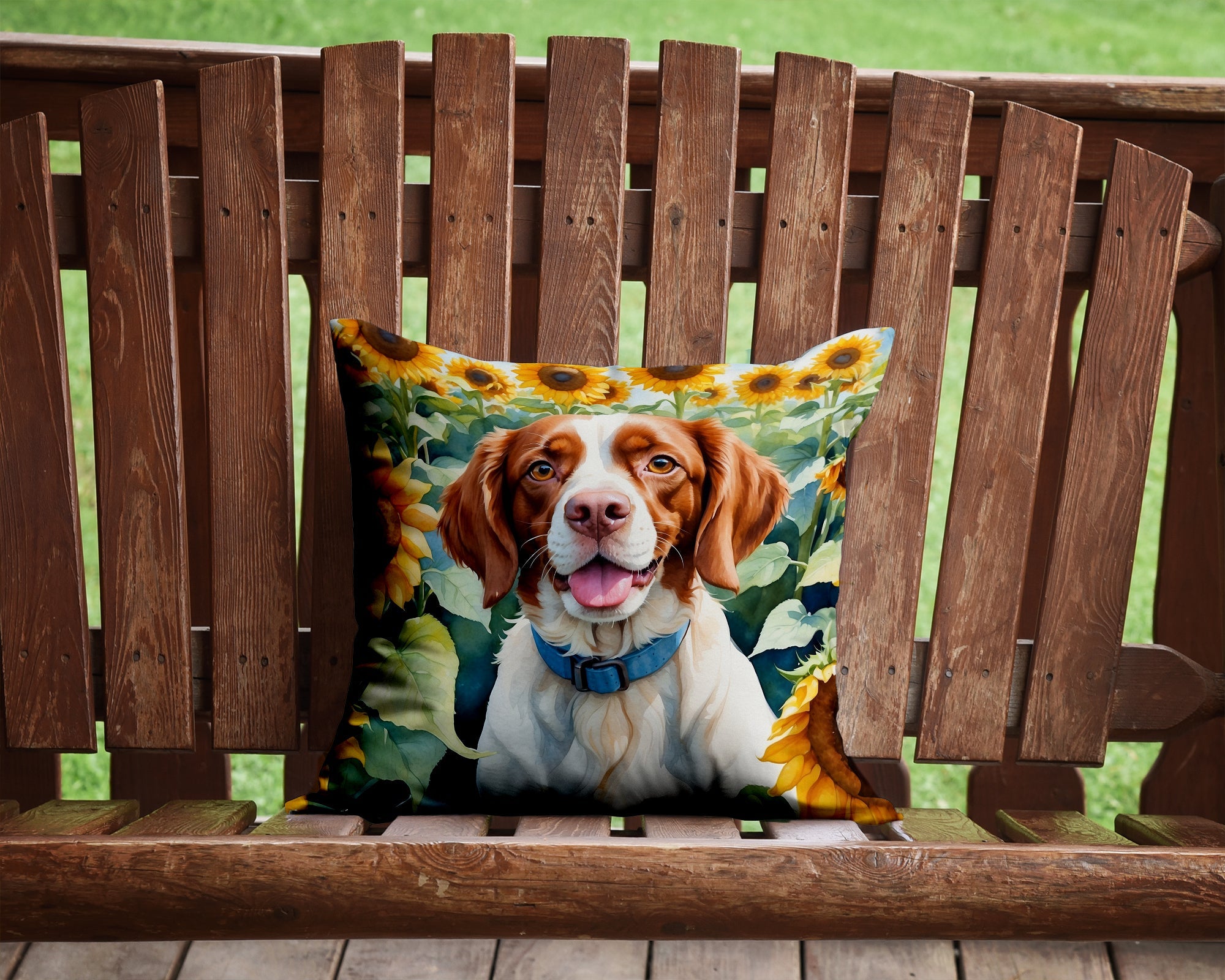 Brittany Spaniel in Sunflowers Decorative Throw Pillow 14x14 Indoor Outdoor Accent Cushion, Fabric Cover with Insert for Sofa, Bed, Porch & Living Room