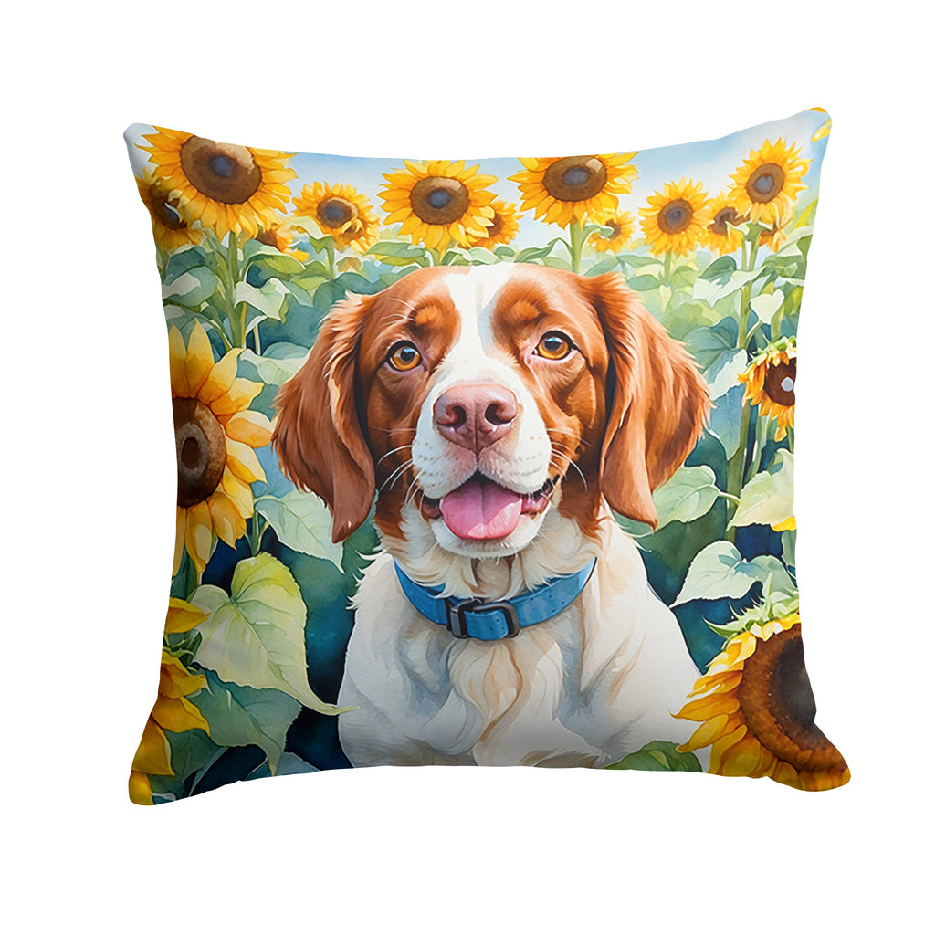 Brittany Spaniel in Sunflowers Decorative Throw Pillow 18x18 Indoor Outdoor Accent Cushion, Fabric Cover with Insert for Sofa, Bed, Porch & Living Room