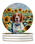 Brittany Spaniel in Sunflowers Large Sandstone Coasters Pack of 4 Absorbent Round Coasters Decor Gifts for Men or Women, 4 in, Multicolor