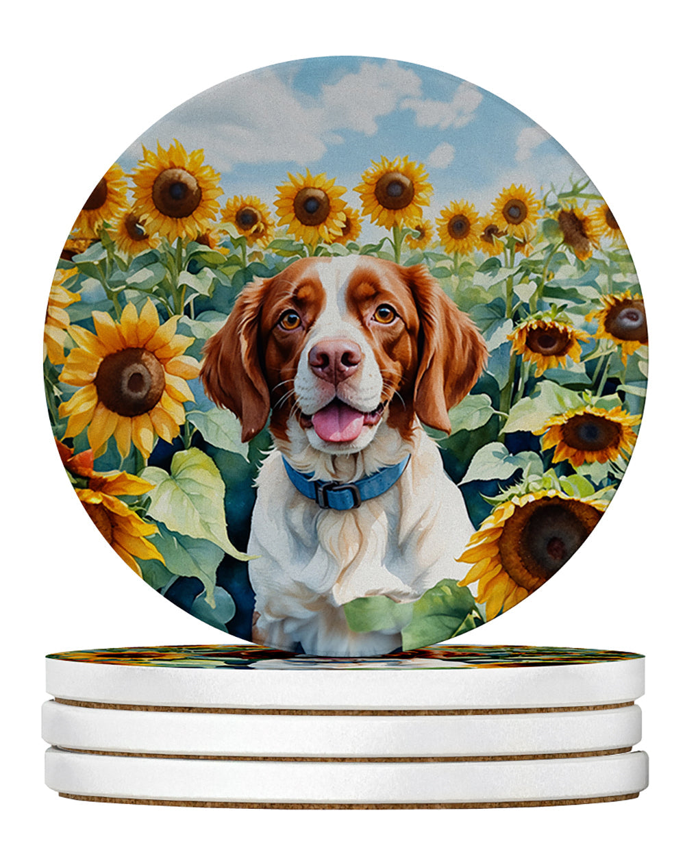 Brittany Spaniel in Sunflowers Large Sandstone Coasters Pack of 4 Absorbent Round Coasters Decor Gifts for Men or Women, 4 in, Multicolor
