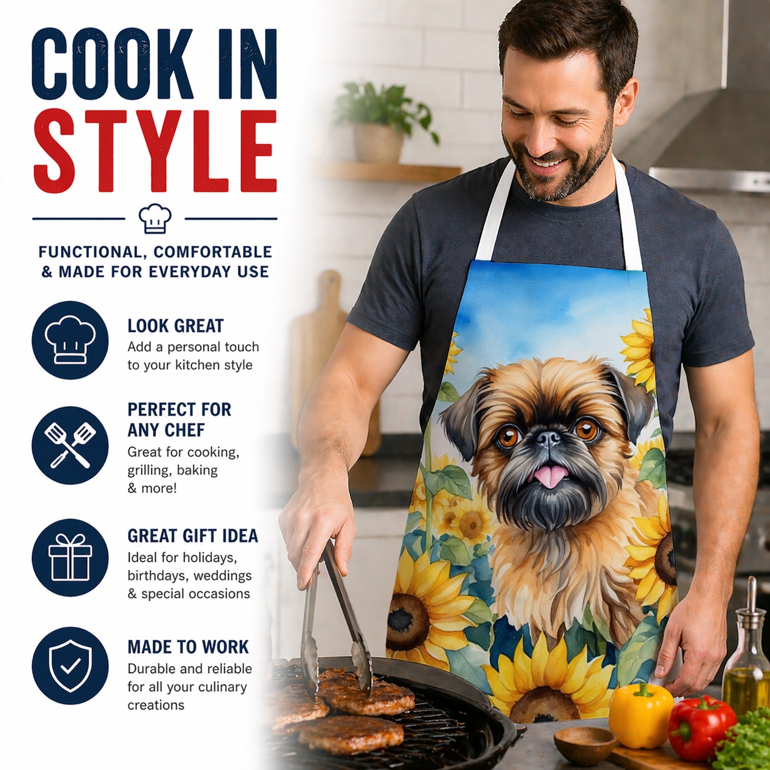 Brussels Griffon in Sunflowers Apron Cooking Kitchen Server Baking Crafts Gardening for Adult Women Men, Unisex, Large, Multicolor