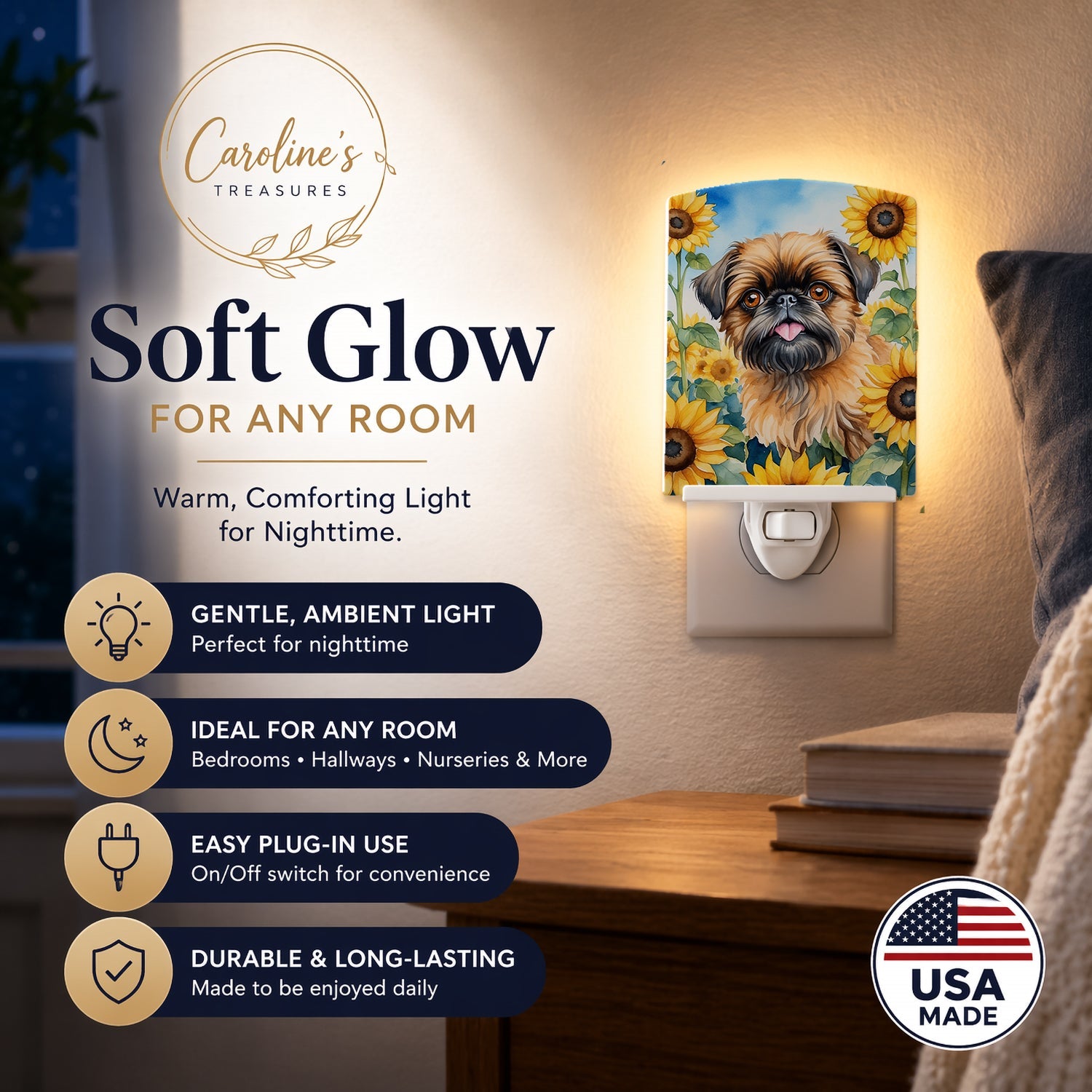 Brussels Griffon in Sunflowers Ceramic Night Light Compact, UL-Certified, Ideal for Bedroom, Bathroom, Nursery, Hallway, Kitchen, 6x4x3, Multicolor
