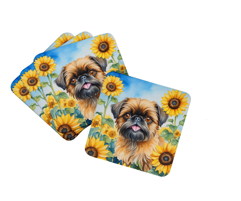 Brussels Griffon in Sunflowers Foam Coasters Set of 4 Cup Coasters for Indoor Outdoor, Tabletop Protection, Anti Slip, Mouse pad Material