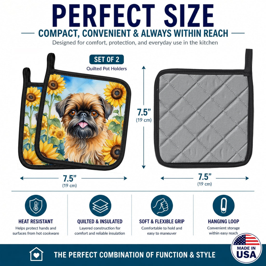 Brussels Griffon in Sunflowers Pot Holder Set of 2 Heat Resistant Quilted Hot Pads 7.5 x 7.5 Inch, Insulated Kitchen Trivets for Cooking & Baking