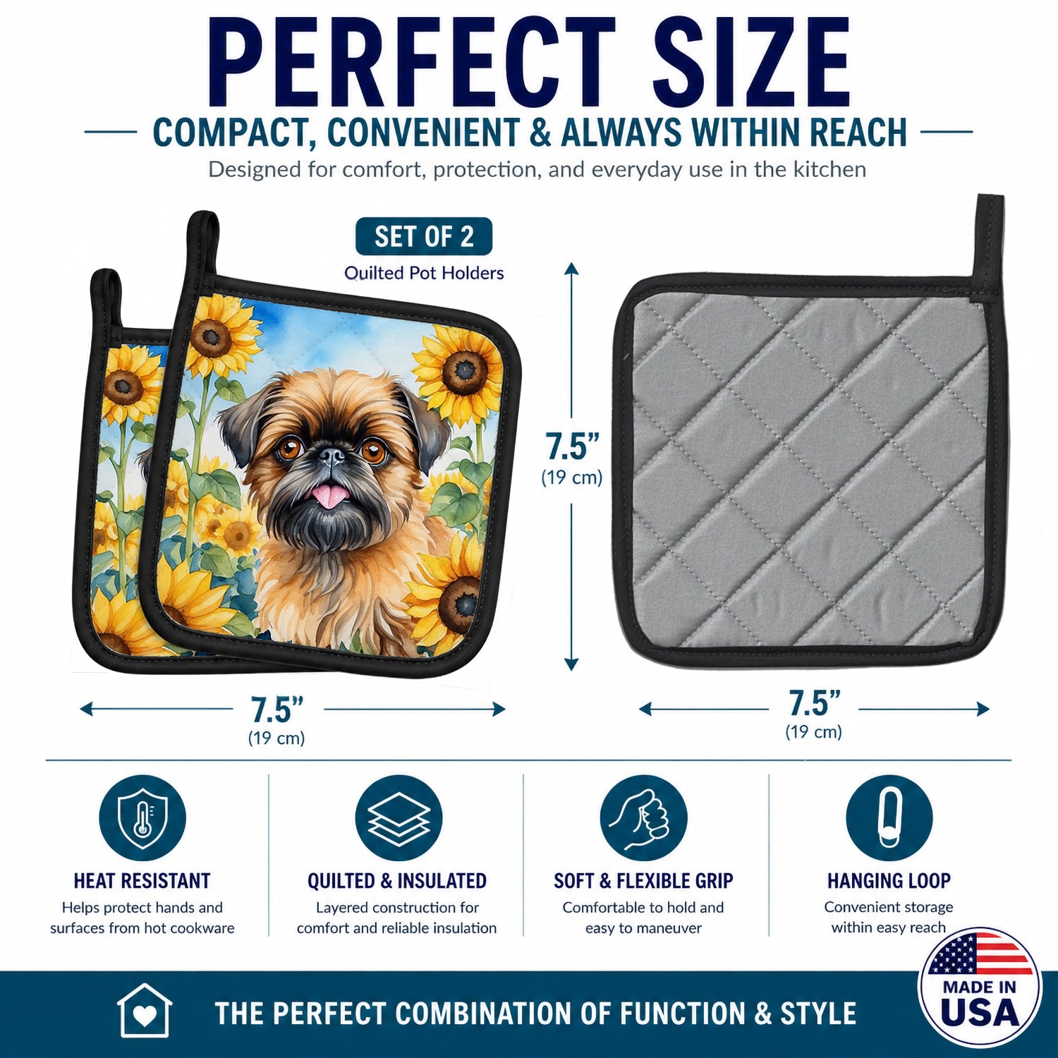 Brussels Griffon in Sunflowers Pot Holder Set of 2 Heat Resistant Quilted Hot Pads 7.5 x 7.5 Inch, Insulated Kitchen Trivets for Cooking & Baking
