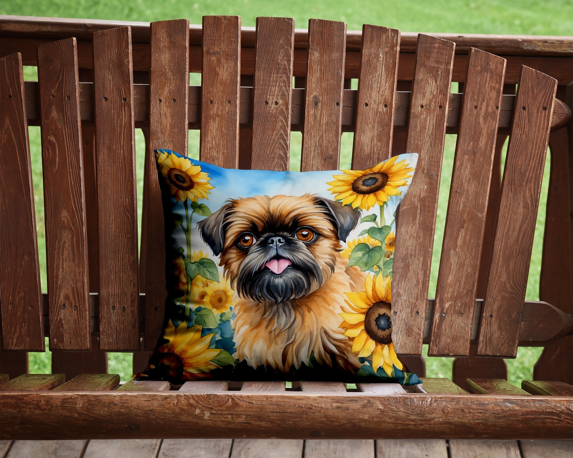 Brussels Griffon in Sunflowers Decorative Throw Pillow 14x14 Indoor Outdoor Accent Cushion, Fabric Cover with Insert for Sofa, Bed, Porch & Living Room
