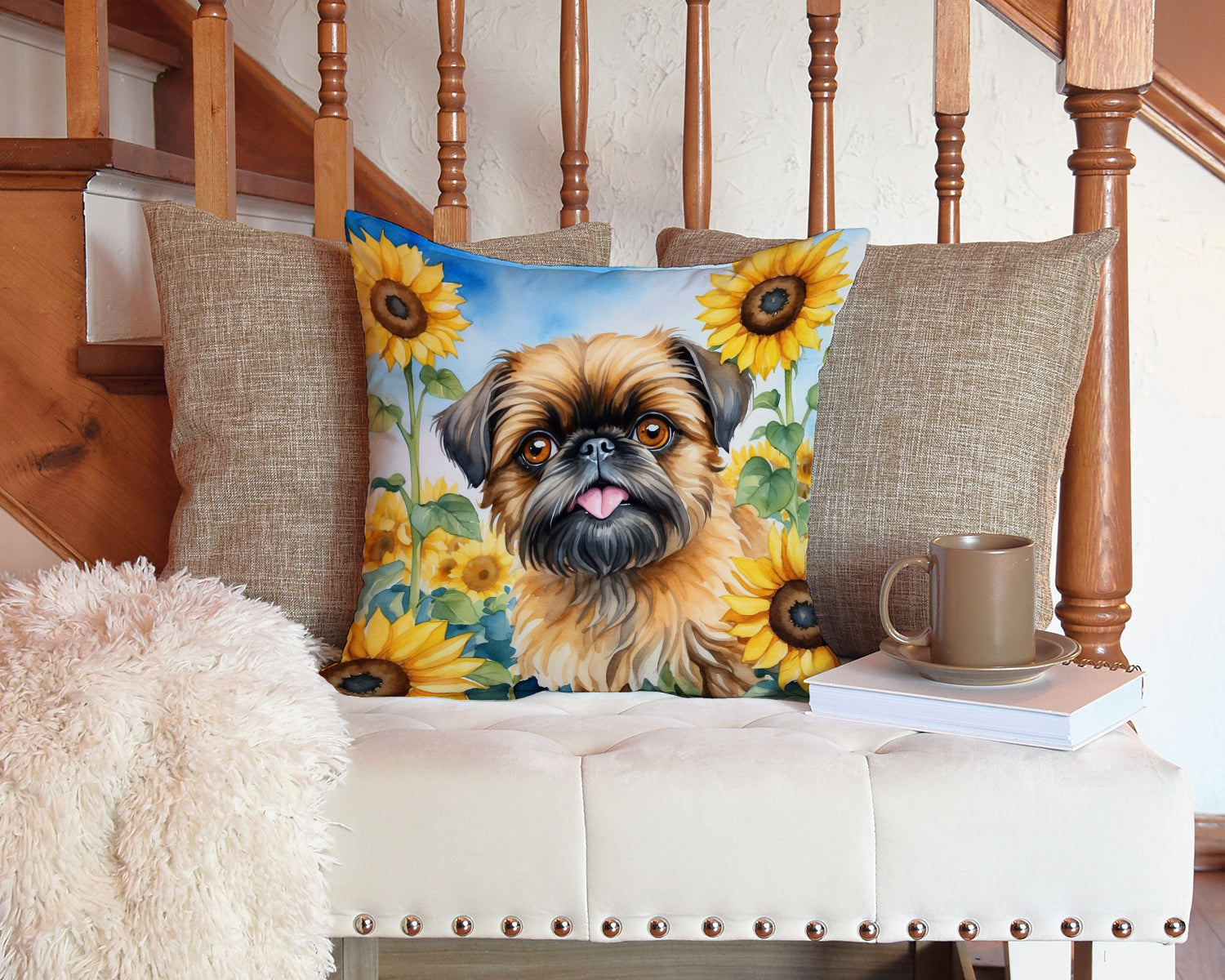 Brussels Griffon in Sunflowers Decorative Throw Pillow 14x14 Indoor Outdoor Accent Cushion, Fabric Cover with Insert for Sofa, Bed, Porch & Living Room