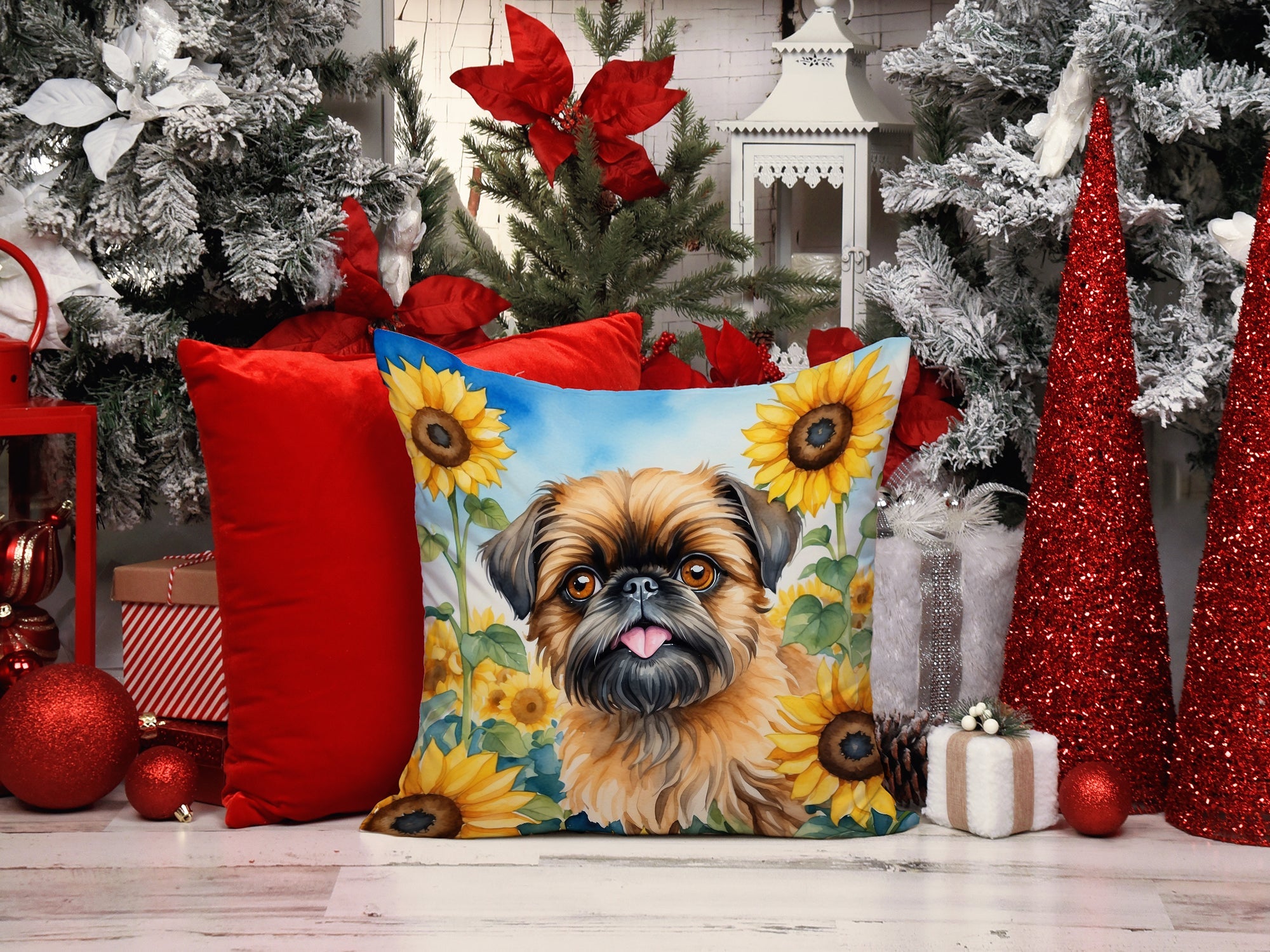 Brussels Griffon in Sunflowers Decorative Throw Pillow 14x14 Indoor Outdoor Accent Cushion, Fabric Cover with Insert for Sofa, Bed, Porch & Living Room