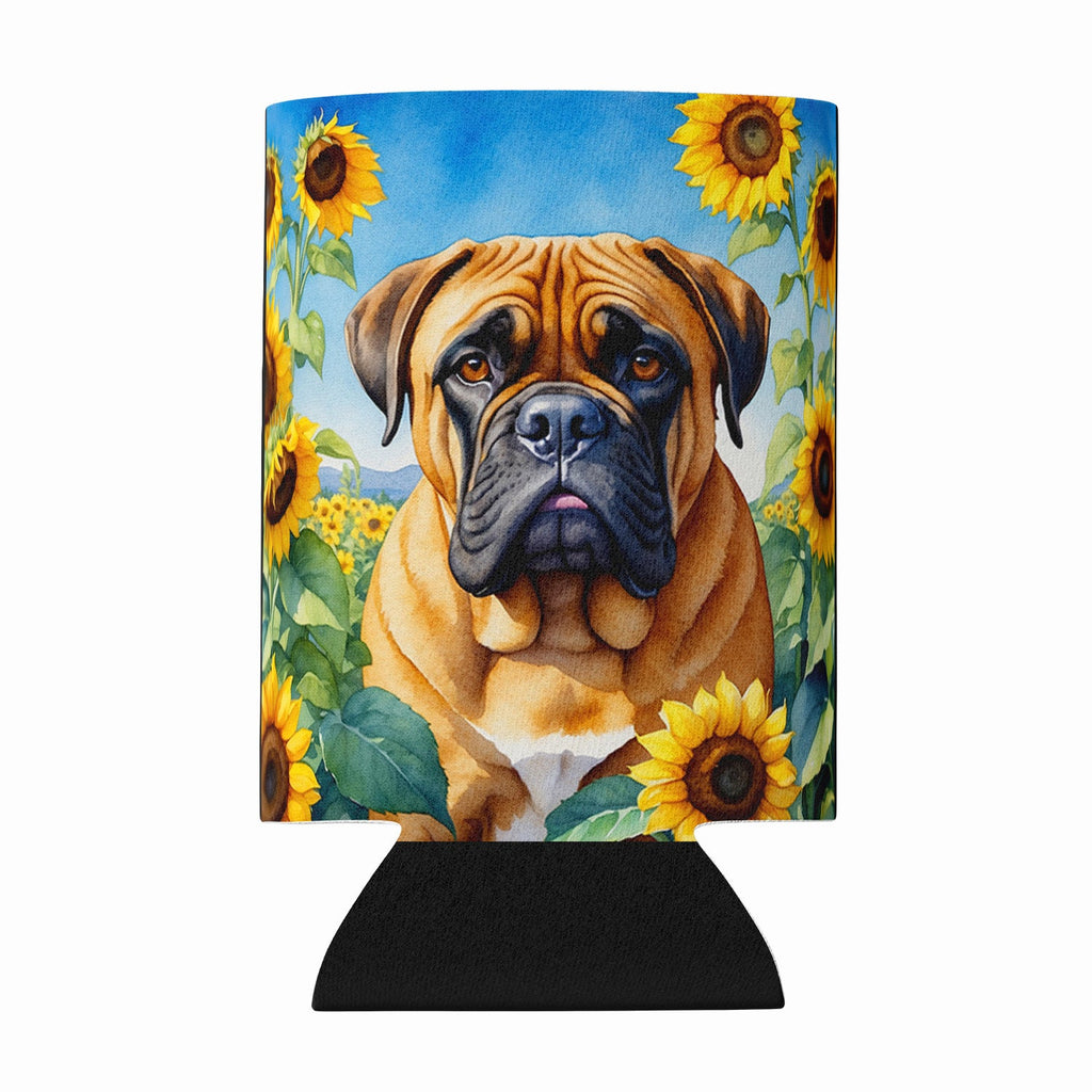Bullmastiff in Sunflowers Can or Bottle Hugger Cooler Sleeve for Standard 12 oz Cans, Insulated Foam Beer & Soda Can Hugger Reusable