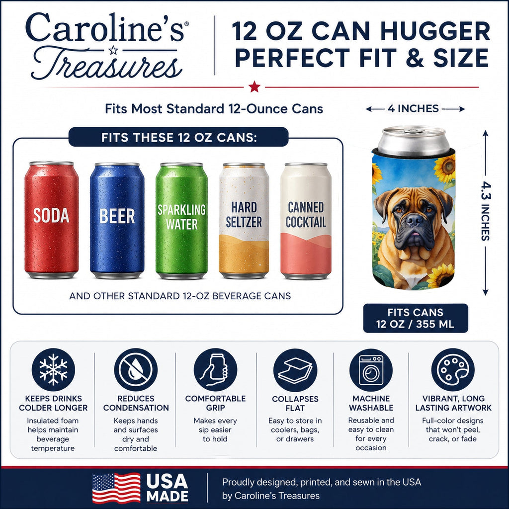 Bullmastiff in Sunflowers Can or Bottle Hugger Cooler Sleeve for Standard 12 oz Cans, Insulated Foam Beer & Soda Can Hugger Reusable