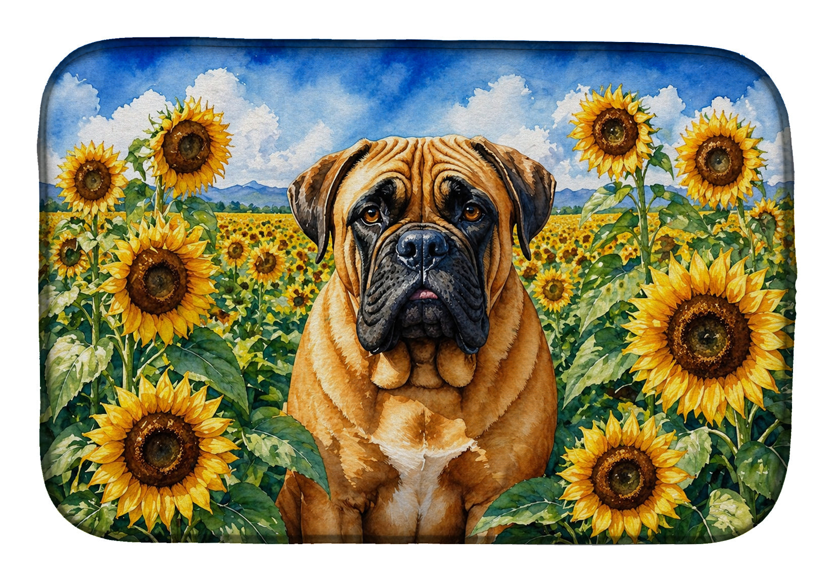 Bullmastiff in Sunflowers Dish Drying Mat Absorbent Dish Drying Mat Pad for Kitchen Counter Dish Drainer Mat for Countertop, 14 x 21", Multicolor