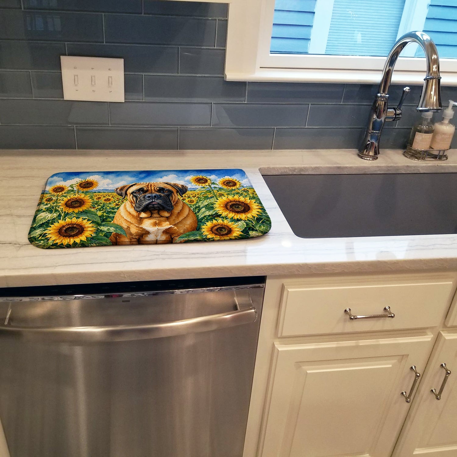 Bullmastiff in Sunflowers Dish Drying Mat Absorbent Dish Drying Mat Pad for Kitchen Counter Dish Drainer Mat for Countertop, 14 x 21", Multicolor
