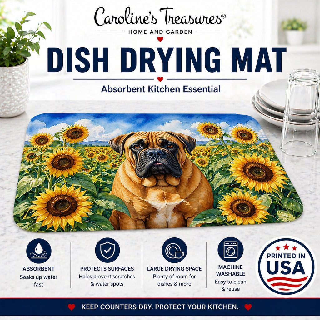 Bullmastiff in Sunflowers Dish Drying Mat Absorbent Dish Drying Mat Pad for Kitchen Counter Dish Drainer Mat for Countertop, 14 x 21", Multicolor