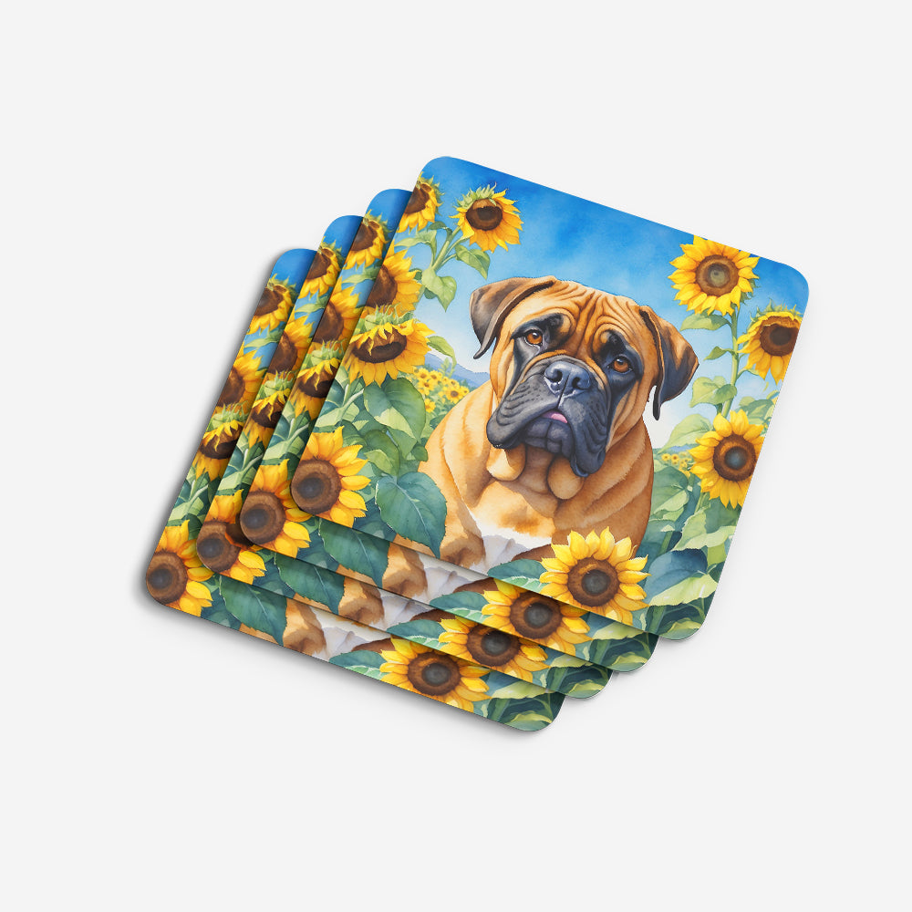 Bullmastiff in Sunflowers Foam Coasters Set of 4 Cup Coasters for Indoor Outdoor, Tabletop Protection, Anti Slip, Mouse pad Material