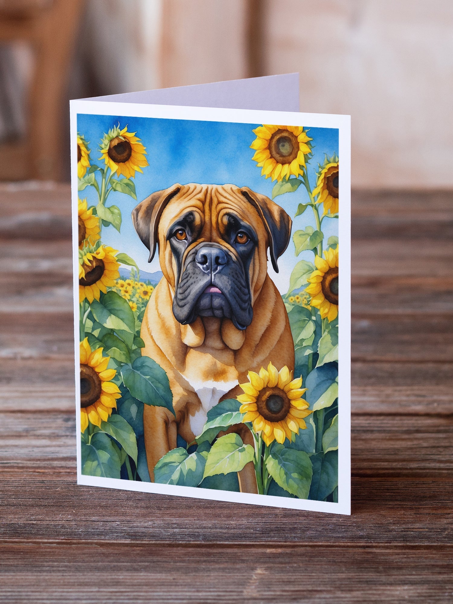 Bullmastiff in Sunflowers Greeting Cards Pack of 8 Blank Cards with Envelopes Whimsical A7 Size 5x7