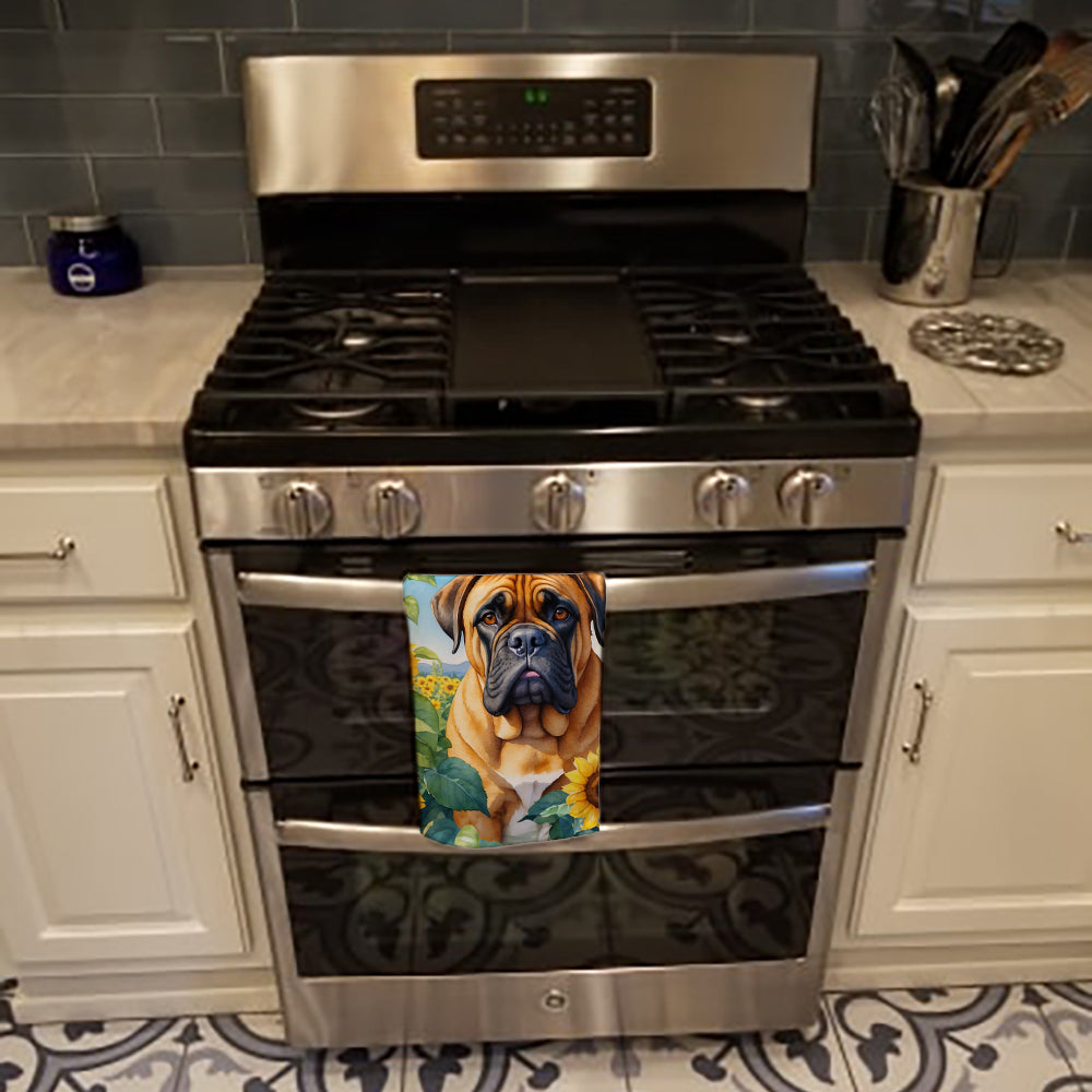 Bullmastiff in Sunflowers Kitchen Towel Velour Plush Front and Cotton Loop Back Machine Washable