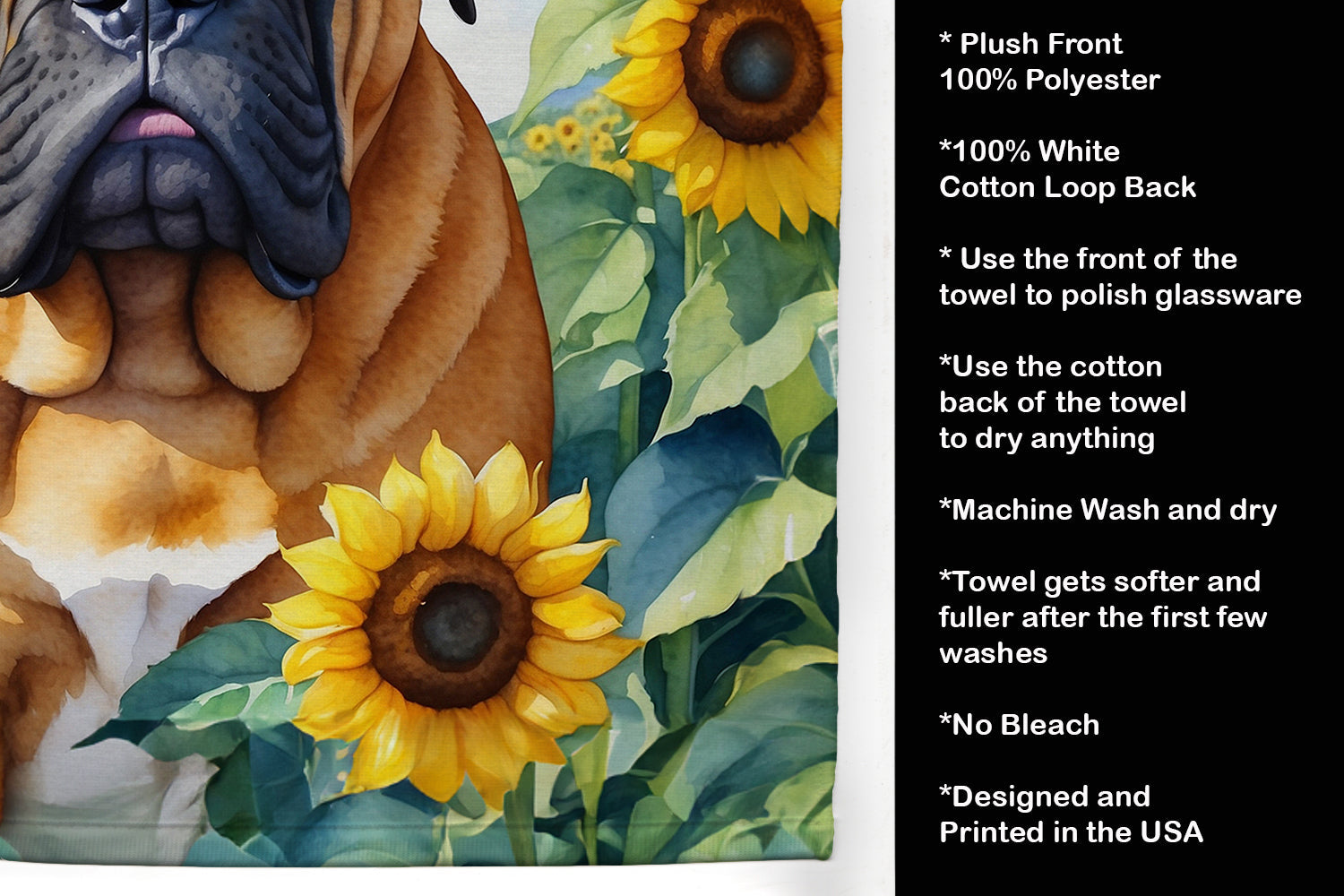 Bullmastiff in Sunflowers Kitchen Towel Velour Plush Front and Cotton Loop Back Machine Washable