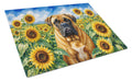 Bullmastiff in Sunflowers Cutting Board Tempered Glass Kitchen Cutting Surface, Heat Resistant Chopping Board with Non-Slip Feet, Decorative Food Prep & Serving
