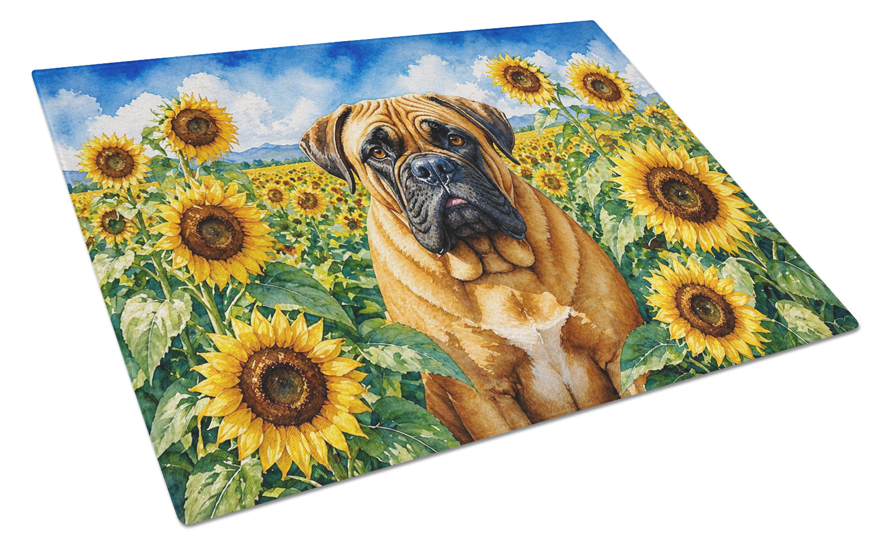 Bullmastiff in Sunflowers Cutting Board Tempered Glass Kitchen Cutting Surface, Heat Resistant Chopping Board with Non-Slip Feet, Decorative Food Prep & Serving