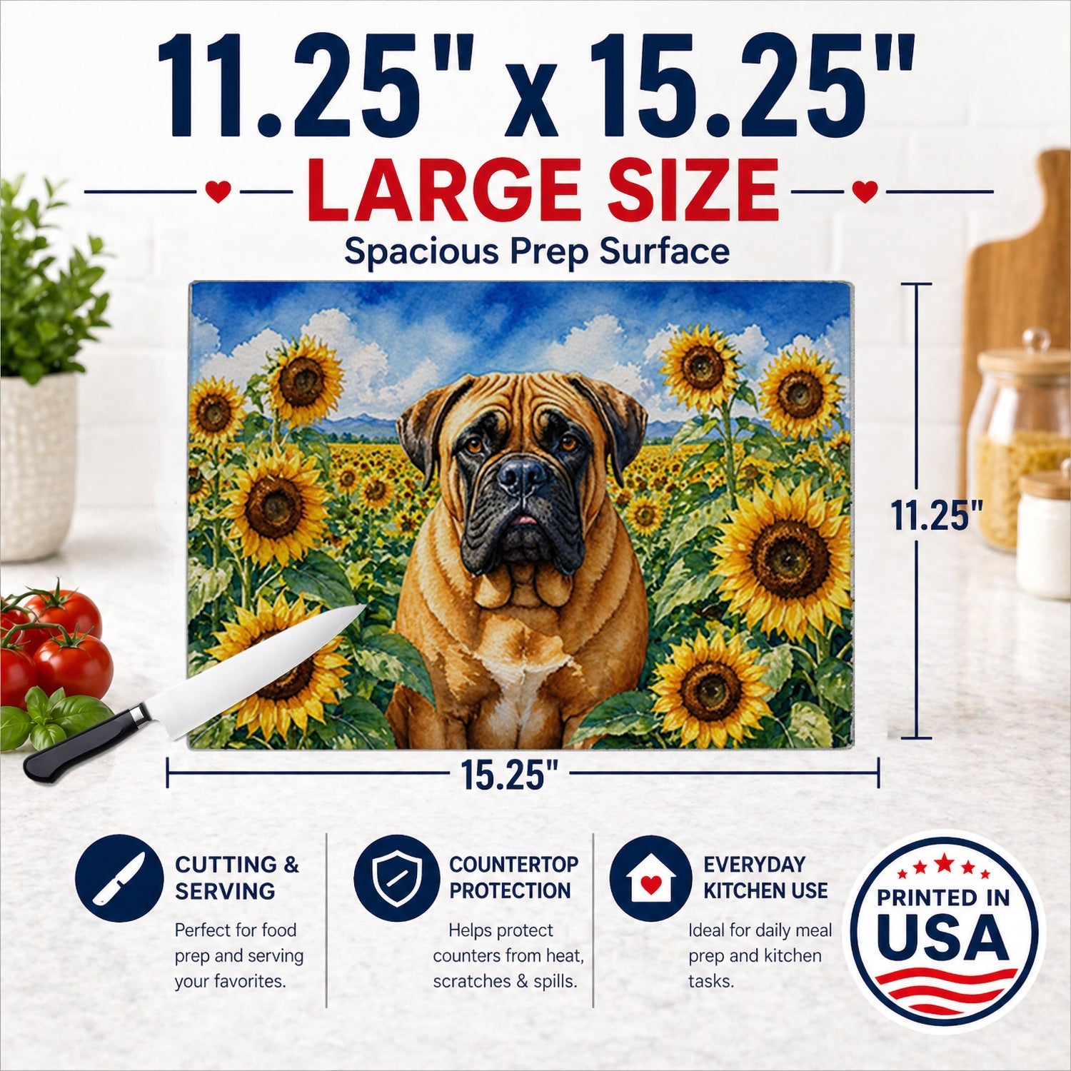 Bullmastiff in Sunflowers Cutting Board Tempered Glass Kitchen Cutting Surface, Heat Resistant Chopping Board with Non-Slip Feet, Decorative Food Prep & Serving