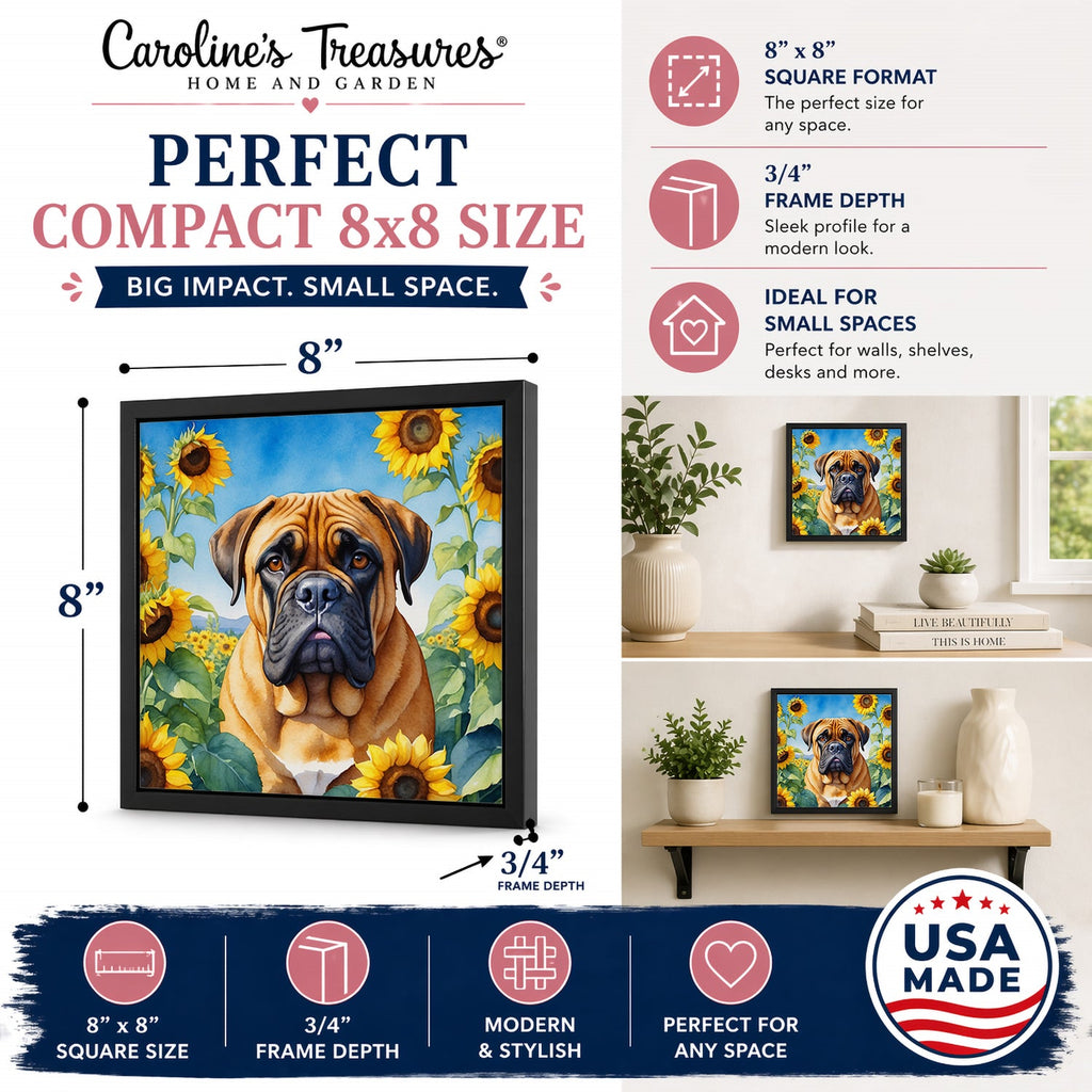 Bullmastiff in Sunflowers Framed Metal Print Bathroom, Kitchen, Office, Home Decor Wall Art Ready to Hang, Square, 8X8