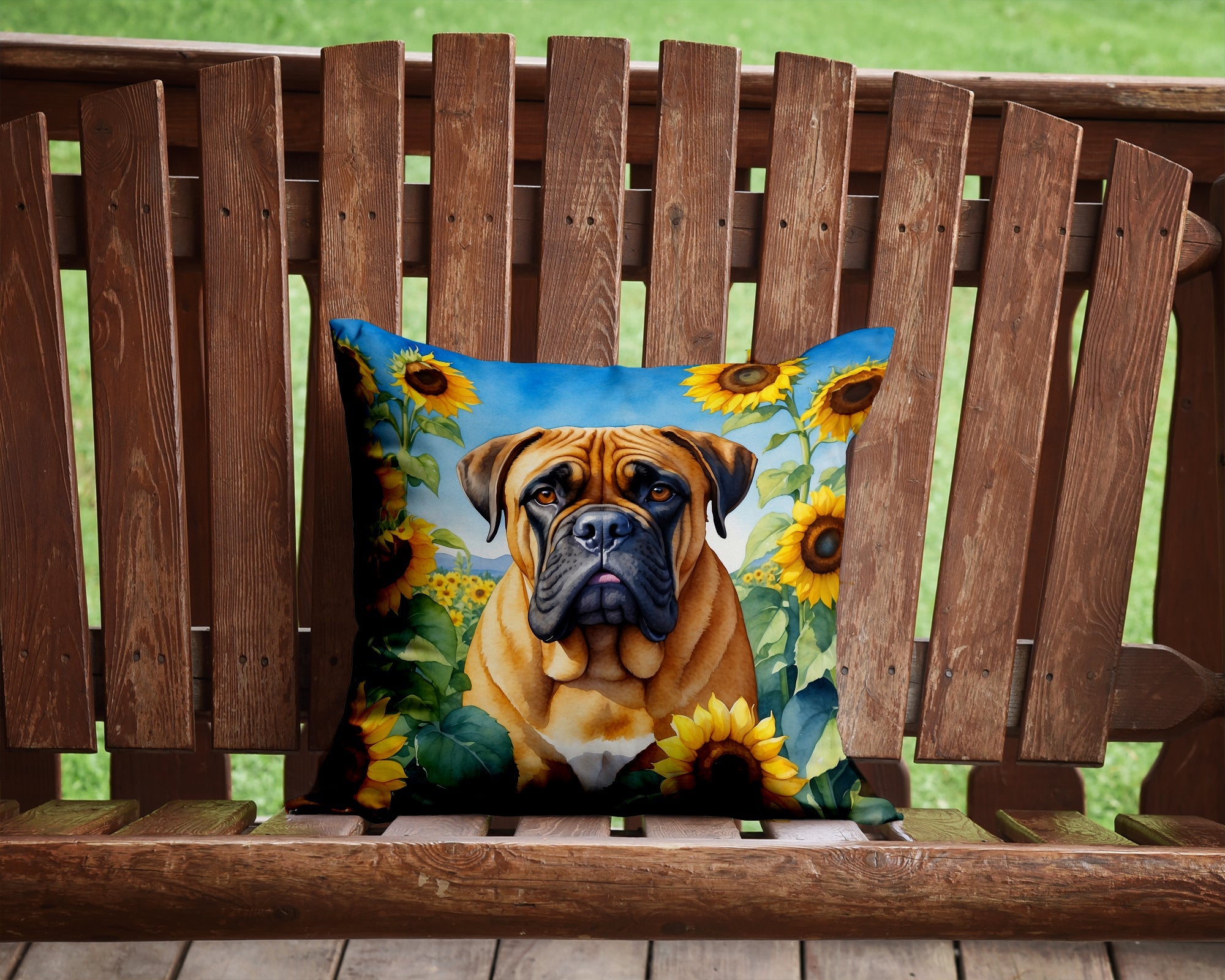 Bullmastiff in Sunflowers Decorative Throw Pillow 14x14 Indoor Outdoor Accent Cushion, Fabric Cover with Insert for Sofa, Bed, Porch & Living Room
