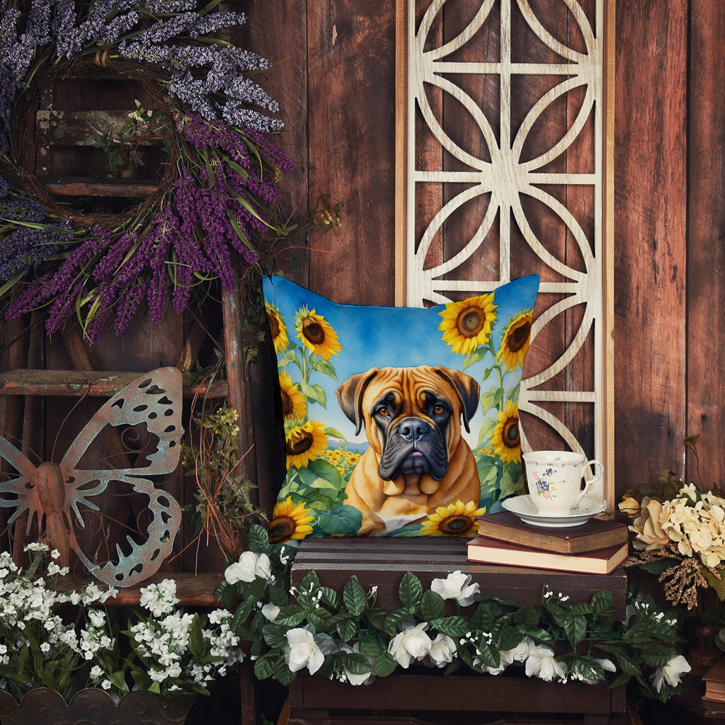 Bullmastiff in Sunflowers Decorative Throw Pillow 14x14 Indoor Outdoor Accent Cushion, Fabric Cover with Insert for Sofa, Bed, Porch & Living Room