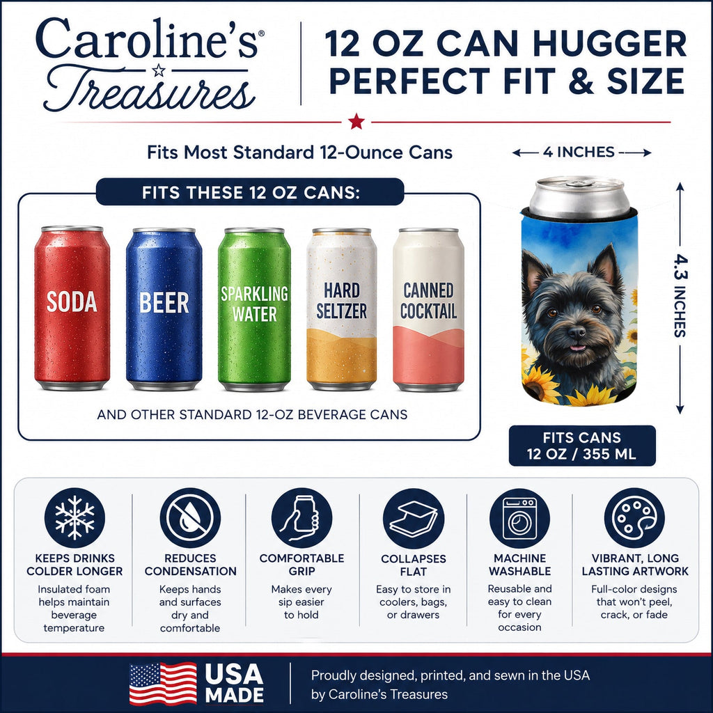 Cairn Terrier in Sunflowers Can or Bottle Hugger Cooler Sleeve for Standard 12 oz Cans, Insulated Foam Beer & Soda Can Hugger Reusable