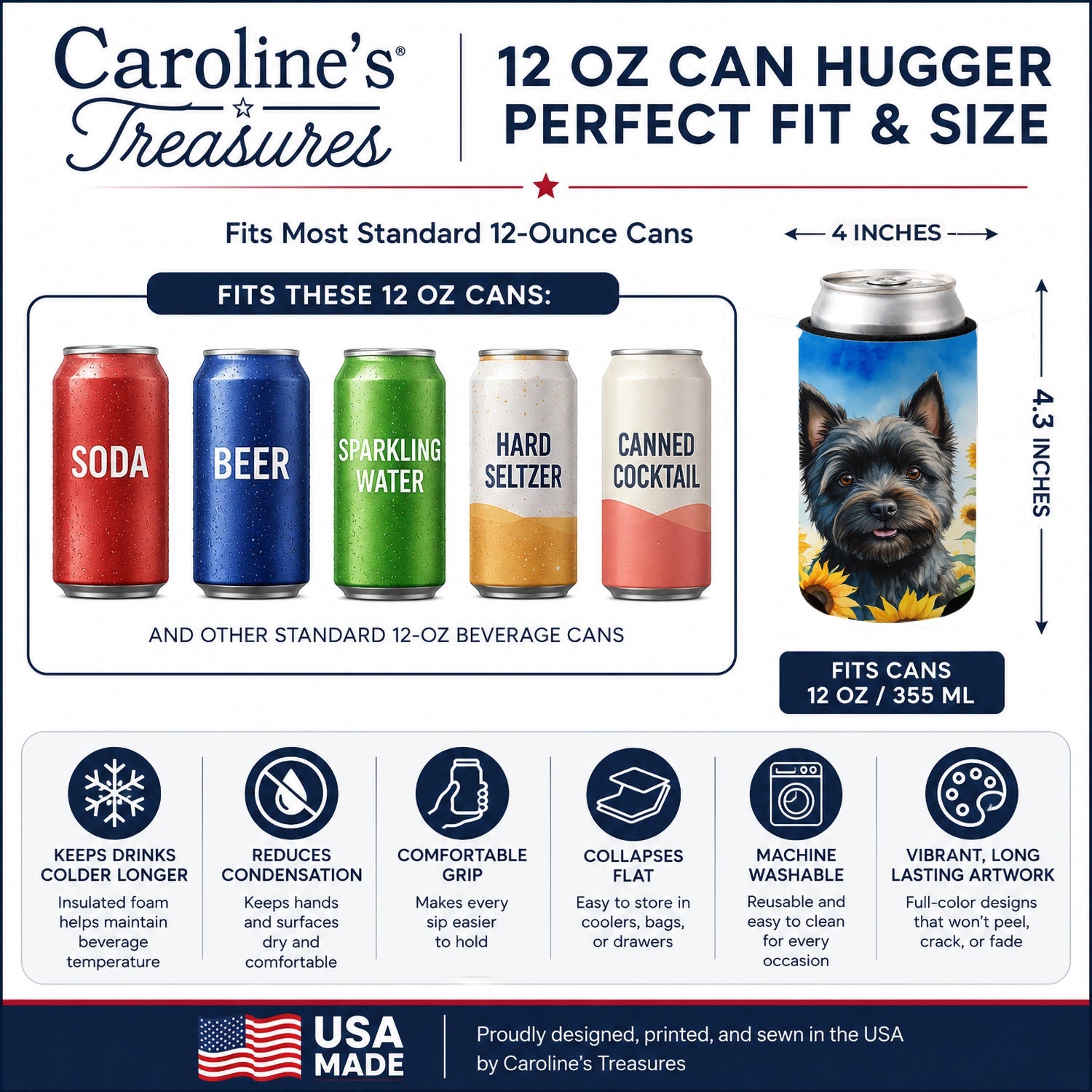 Cairn Terrier in Sunflowers Can or Bottle Hugger Cooler Sleeve for Standard 12 oz Cans, Insulated Foam Beer & Soda Can Hugger Reusable