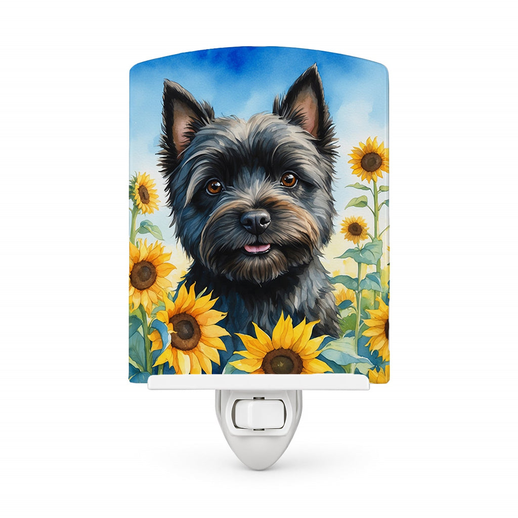 Cairn Terrier in Sunflowers Ceramic Night Light Compact, UL-Certified, Ideal for Bedroom, Bathroom, Nursery, Hallway, Kitchen, 6x4x3, Multicolor