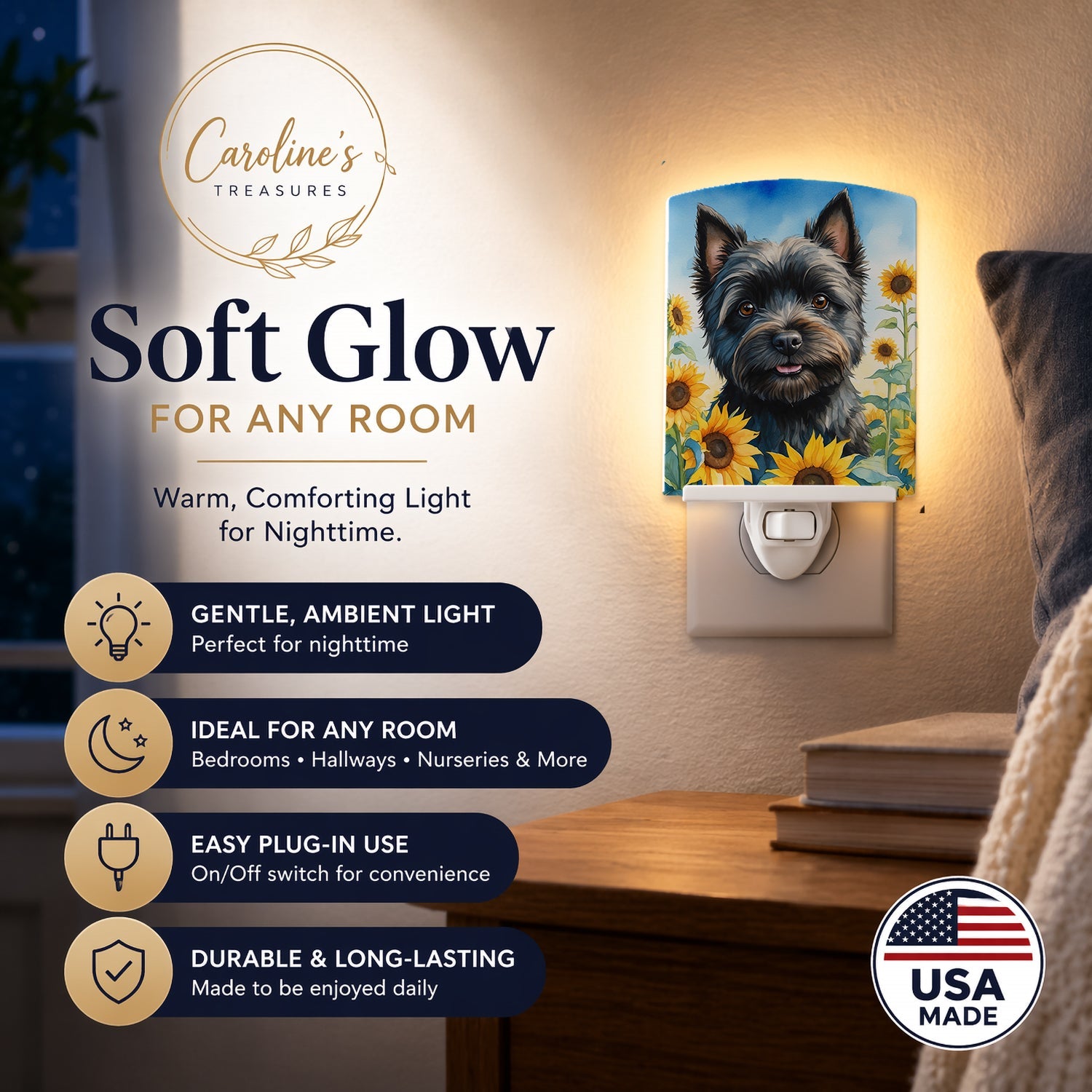 Cairn Terrier in Sunflowers Ceramic Night Light Compact, UL-Certified, Ideal for Bedroom, Bathroom, Nursery, Hallway, Kitchen, 6x4x3, Multicolor
